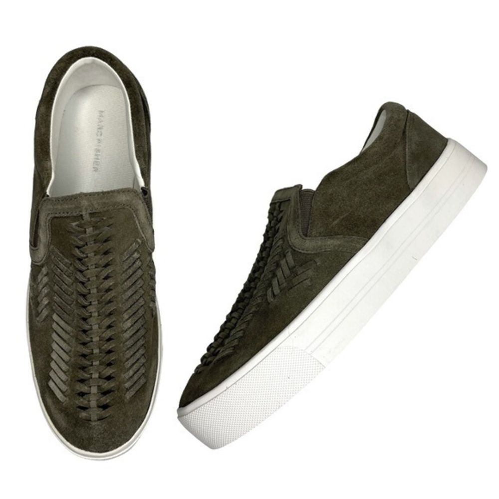 Marc Fisher Dexie Shoes Woven Leather Suede Green Gray Slip On Sneakers Size 10